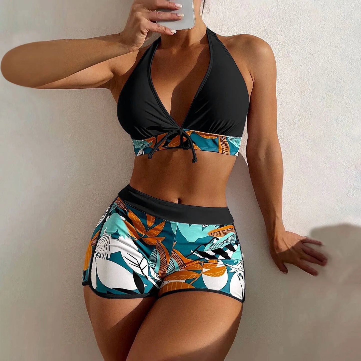 Shorts Bikinis Set  High Waist Swimsuit Women Swimwear  Plant Print Bathers Bathing Swim Suit Beachwear