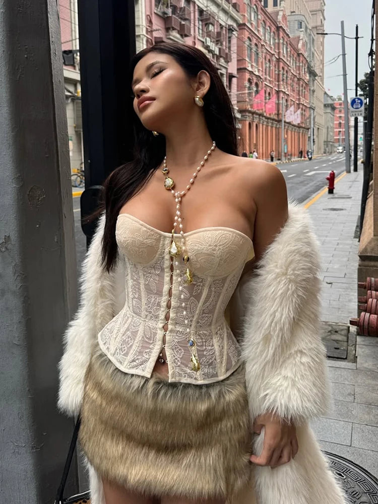 Weird Puss See Through Women Corset Top Warp Sleeveless Lace Concealed Metal Buckle Backless Sexy Summer Trend Midnight Mini Top