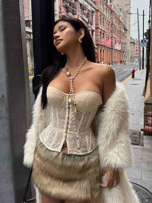 Weird Puss See Through Women Corset Top Warp Sleeveless Lace Concealed Metal Buckle Backless Sexy Summer Trend Midnight Mini Top