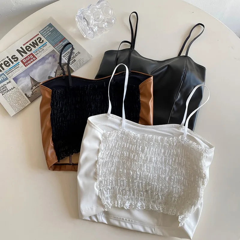 Sexy Bare Midriff PU Leather Halter Crop Tops Women with Bra Pad Spaghetti Strap Tank Top Camis Female Sleeveless Cropped Vest