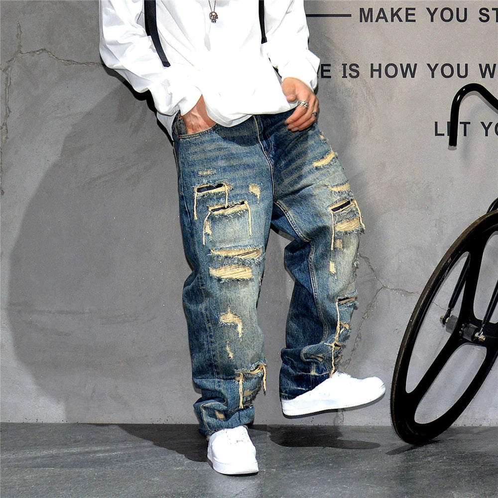 Ripped Baggy Jeans Distressed Denim Streetwear Skateboard Pants Straight Leg Patchwork Oversized Urban Fashion Workwear, men's jeans