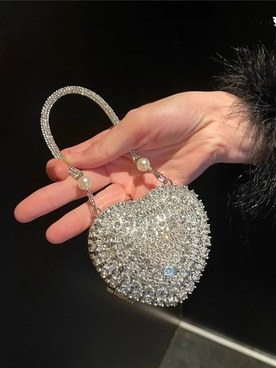 Luxury Small Bling Heart Shape Diamond Evening Clutch Purse For Women Chain Bag