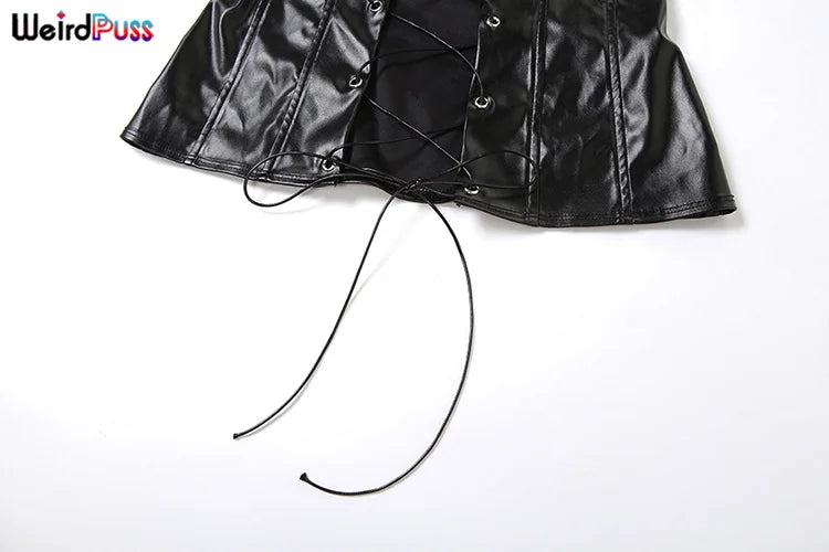 Weird Puss Faux Leather Sexy 2 Piece Set Women Hipster Strapless Shirring Hollow Strapless Tops+Shorts Midnight Clubwear Outfits