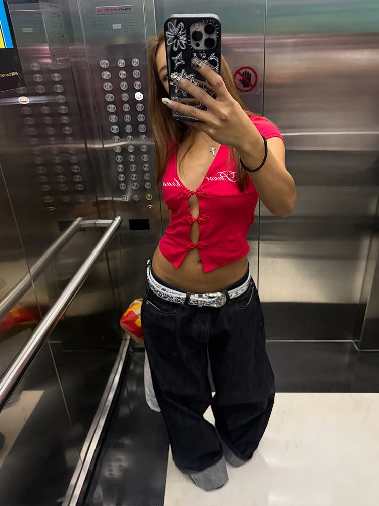 Weird Puss Sexy Letter Print T-Shirt Women Hollow Cheongsam Button V Neck Midnight Hottie Versatile Street Skinny Crop Tops