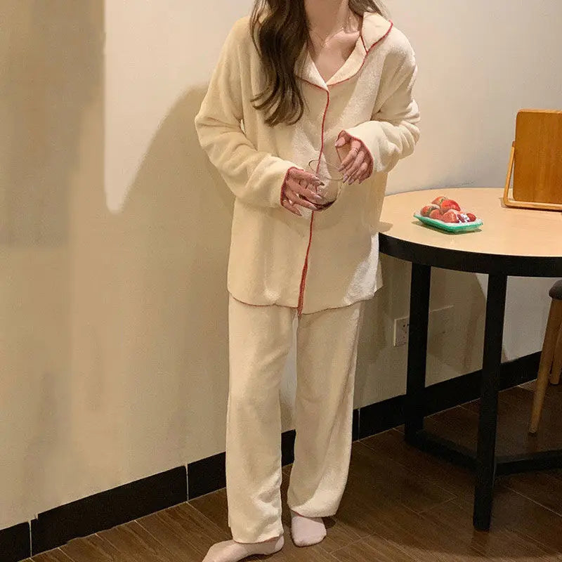 Flannel Women's Pajamas Sets Casual Autumn Winter Sleepwear Velvet Pyjama Ladies Cardigan Simple Bedroom Soft Warm Home Clothes