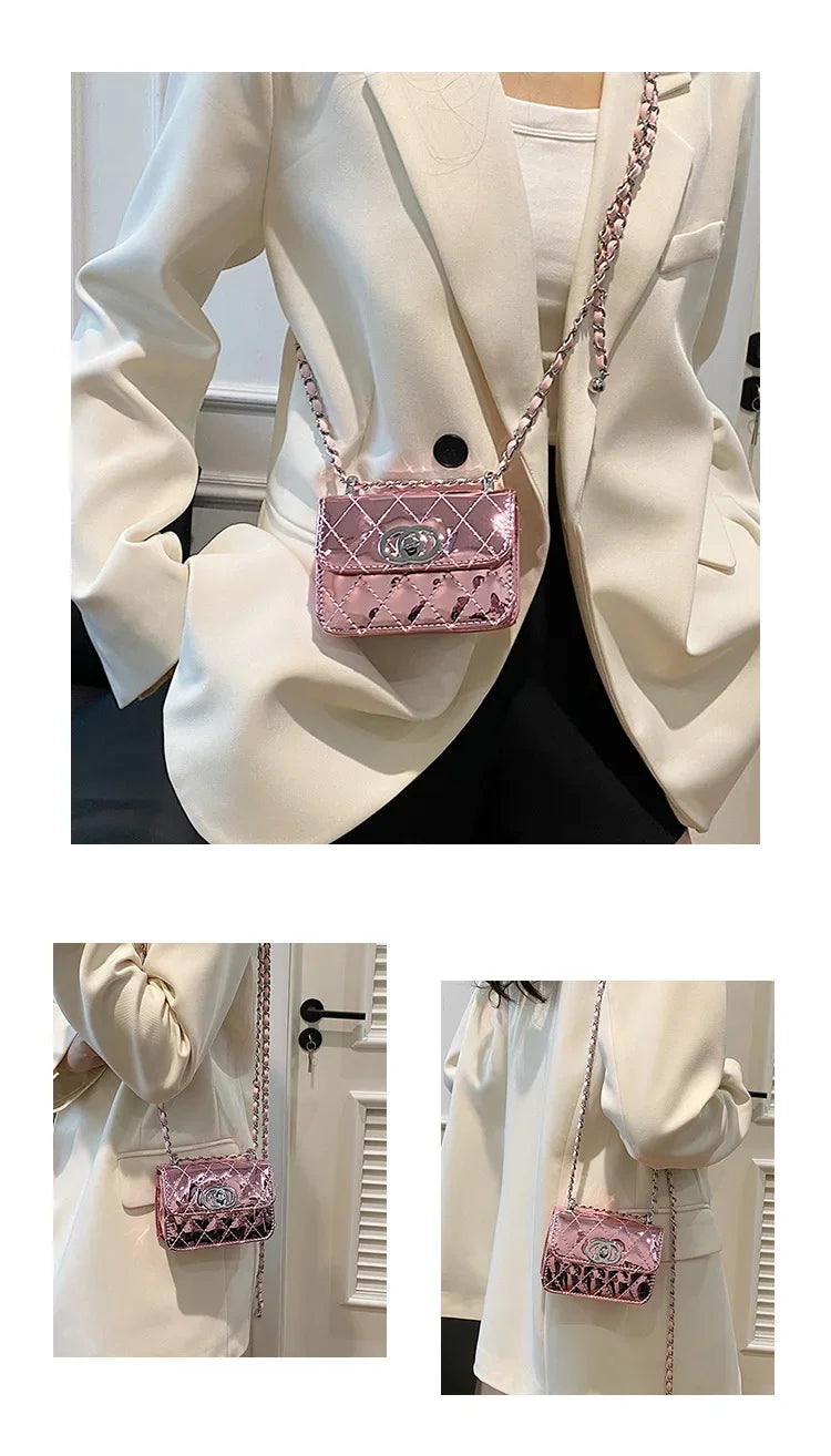 2025 New Arrival Eye - Catching Laser - Patent Mini Crossbody with Gleaming Glossy Chain Strap, Convenient Lipstick Holder