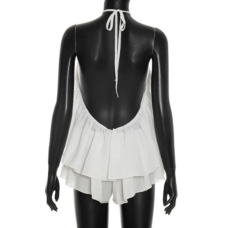 Sexy Halter Backless Women Two Piece Short Sets 2026 New Summer Vacation Beach Outfits Ruffles Crop Top and Micro Shorts Skirts