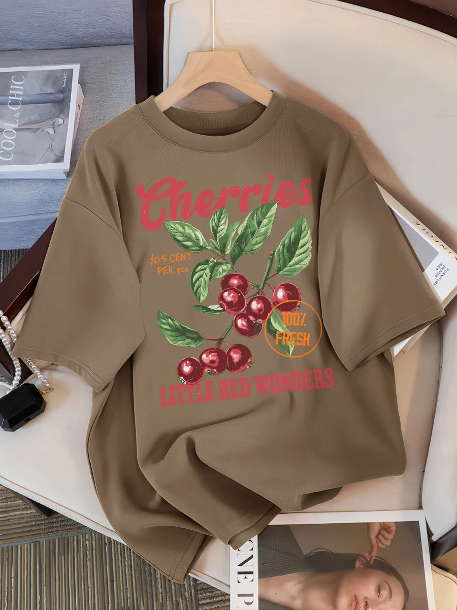 Cherries 100% Fresh Little Red Wonders Design Women T-Shirt Casual Loose T Shirts Hip Hop Cotton Sportswear Summer Soft Top