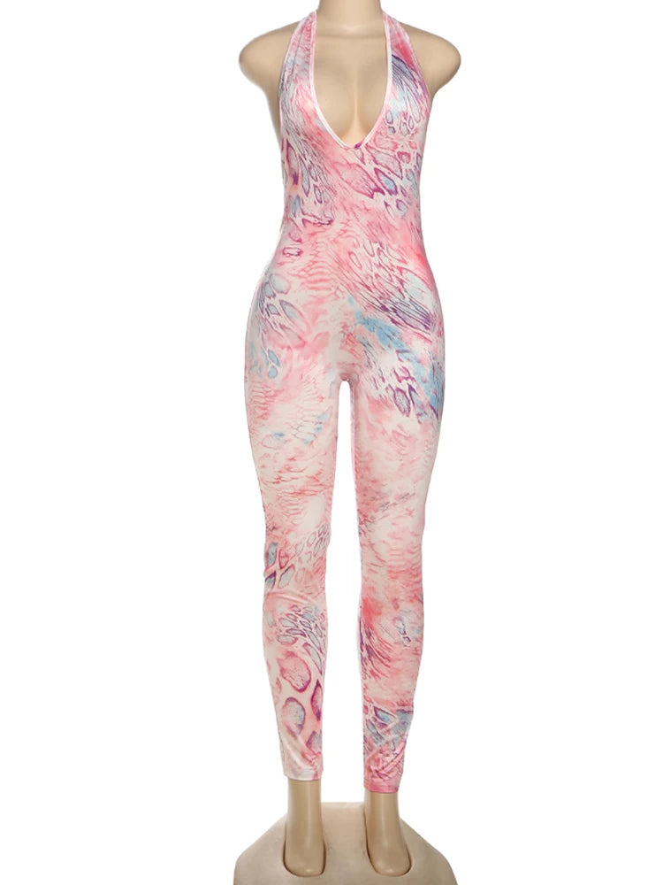 Weird Puss Colorful Print Jumpsuit Women Halter Deep v-Neck Sexy Backless Sleeveless Skinny Peach Hip Street Activity Overalls