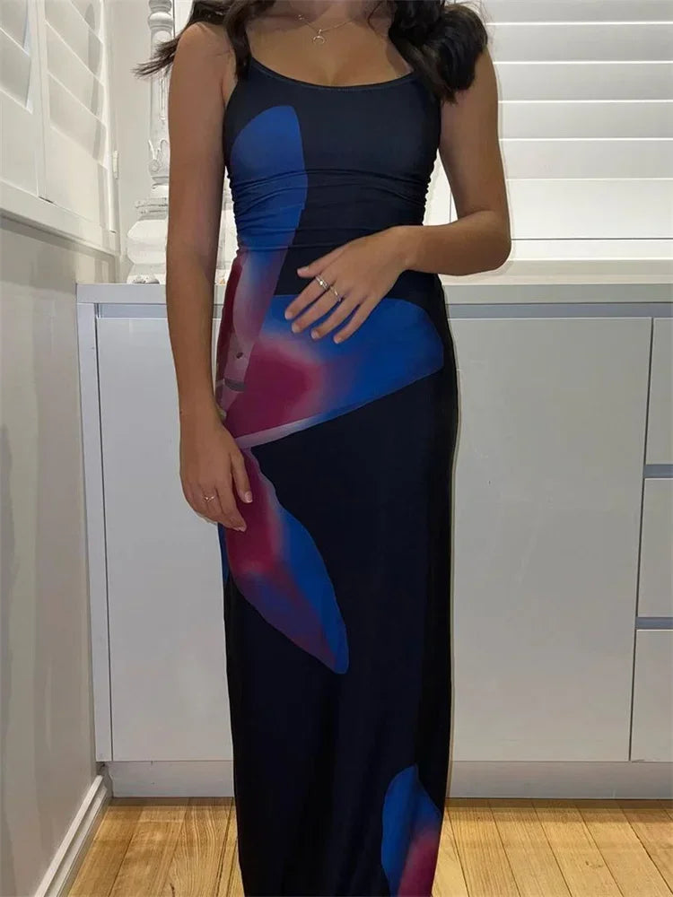 Elegant Printed Backless Long Dress Summer Women's Fashion Contrast Color Party Dress Patchwork Suspender Long Dress 2024 New