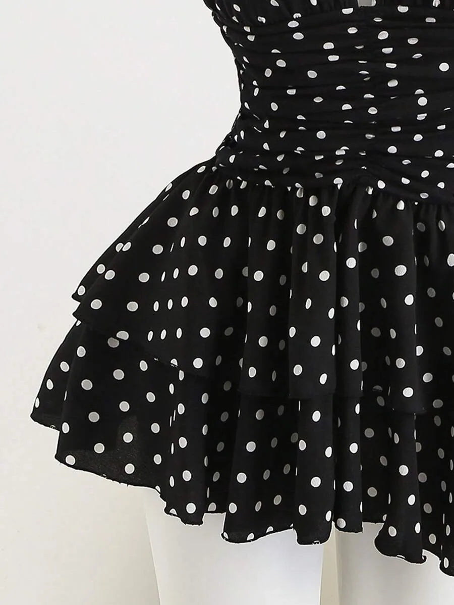 New Street Spicy Girl Digital Printed Design with Neck Hanging, Sleeveless Short, Thin Waist Cake Skirt