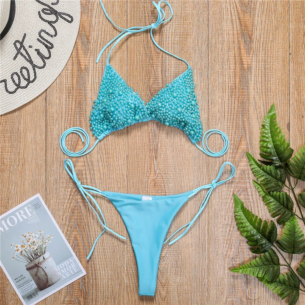 Pearl Bikini String Thong Swimsuit Kawaii Y2K Swimwear Trend Women Two Piece Bathing Suit Beachwear Bikinis Set Vacation Outfits