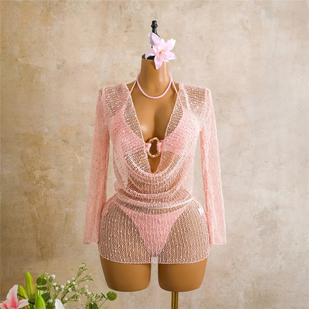 Sexy With Long Sleeve Dress Halter Bikini Women Swimwear Female Swimsuit Three-pieces Bikini set Bather Bathing Suit Swim V7925