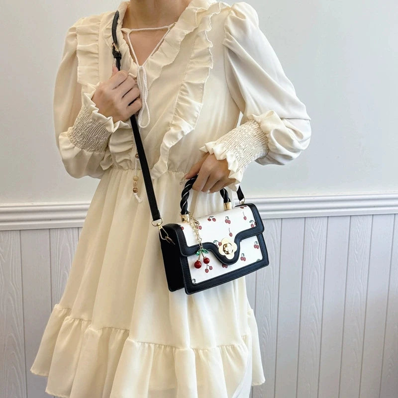 Cute Cherry Printed Handbag Shoulder Bag, Woven Handle Square Tote Bag, Fresh Design Women's Crossbody Bag, Stylish Women Bag