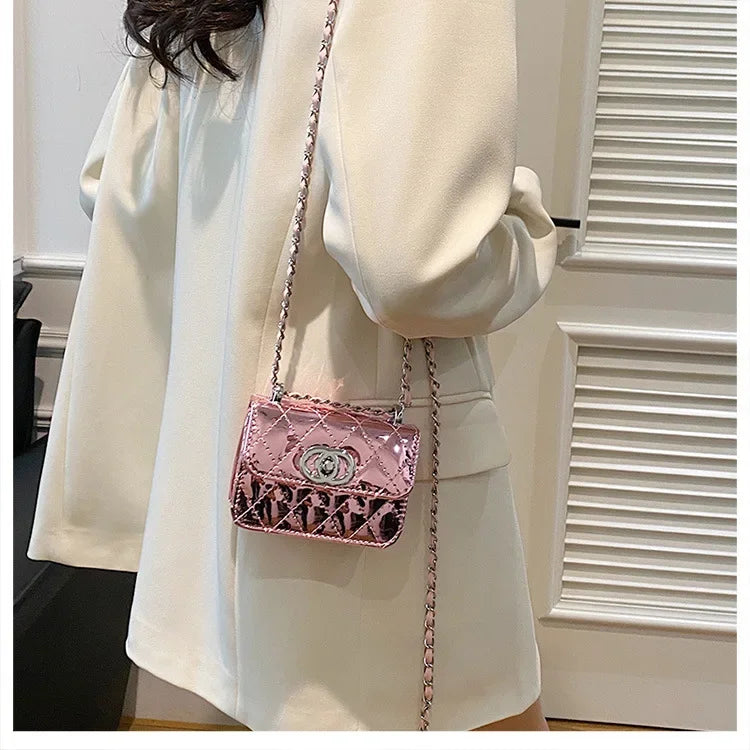 2025 New Arrival Eye - Catching Laser - Patent Mini Crossbody with Gleaming Glossy Chain Strap, Convenient Lipstick Holder