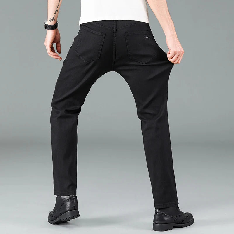Men's pure black jeans Korean version trendy straight fit pants men's comfortable and elastic classic business denim