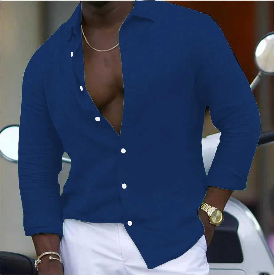 Shirt Couples Spring And Summer New Couples The Same Casual Long-sleeved Shirt Solid Color Button Style Casual Lapel Shirt Beach