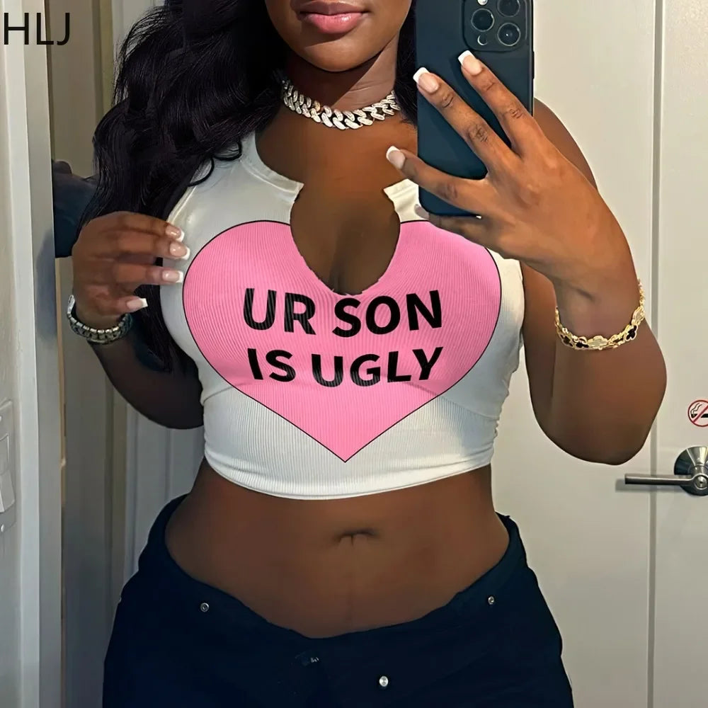 HLJ&GG 2024 INS Fashion Y2k T Shirts Letter Print Crop Tops Girls Streetwear Short Sleeve Slim-fit V-neck Tees T Shirt White New