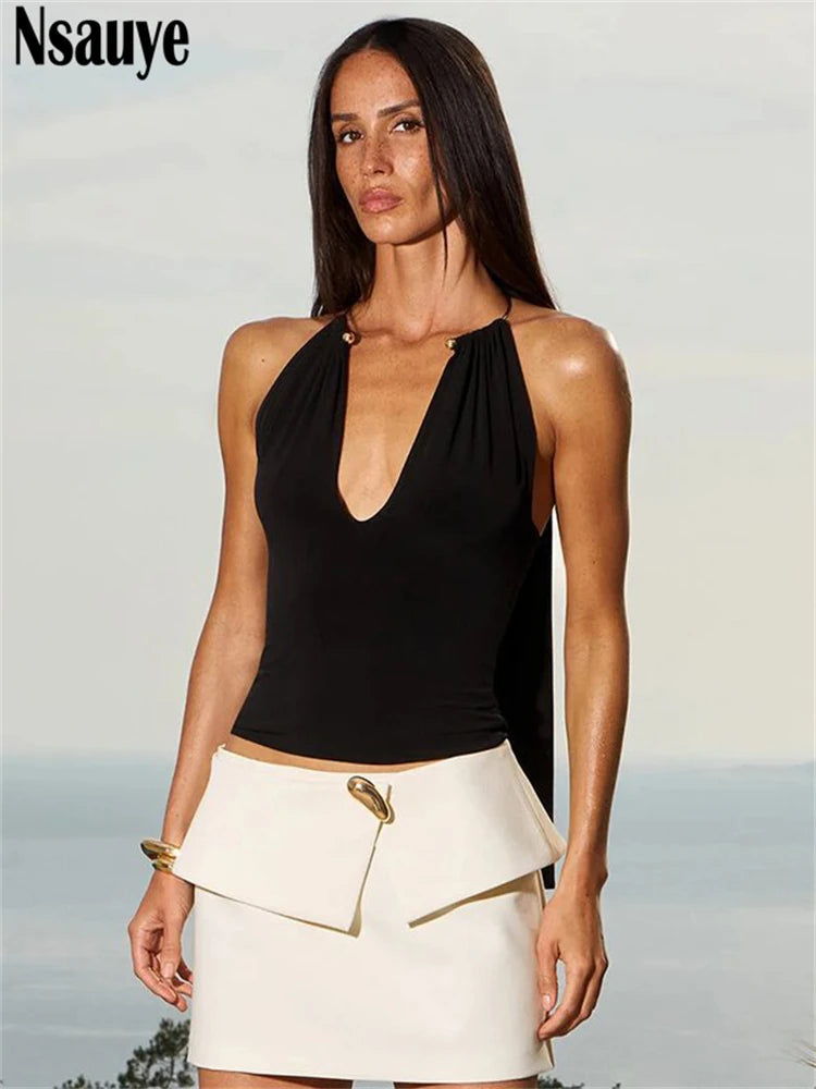 Nsauye Summer Women Casual Basic Y2K Skinny Sleeveless Streetwear Mini Tank Tops Sexy Black Night Club V Neck Fashion Crop Tops