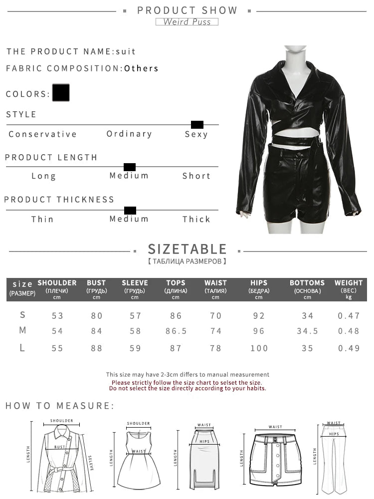 Weird Puss PU Hipster Leather 2 Piece Set Women Fall Trend v-Neck Cross Sash Sexy Crop Tops+Shorts Matching Streetwear Outfits