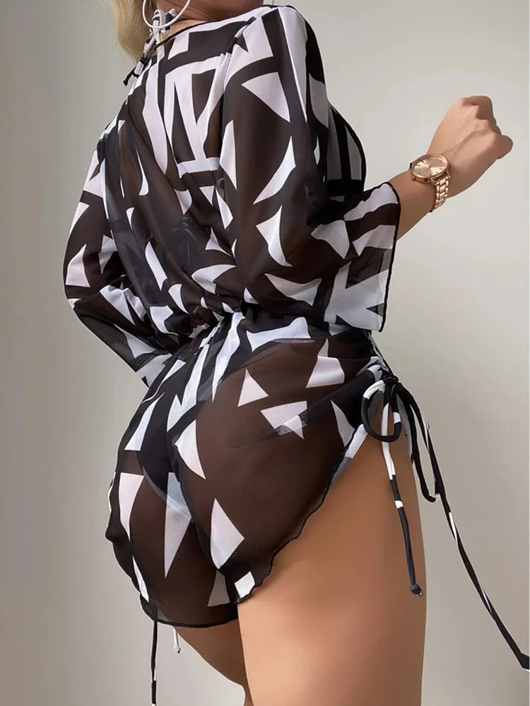 Sexy 3 Pieces Swimsuit Tropical Print Swimwear Halter Lace-Up Micro Bikini Set+Drawstring Bodysuit Cover Up Beachwear Tankinis