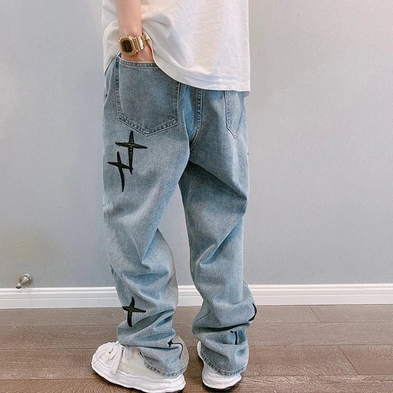Boyfriend Vintage Fashion Straight Casual Loose Denim Cargo Pants Men Designer Prints Star denim pants Streetwear Loose Wide Leg Jeans