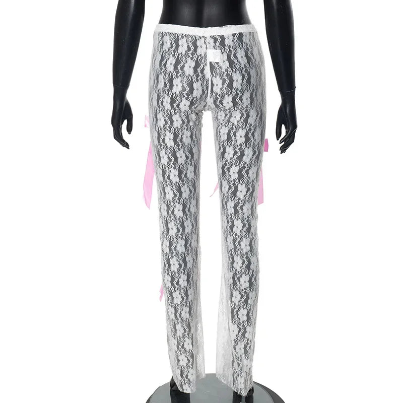 HLJ&GG Fashion Y2K Streetwear Women Letter Print O Neck Slim Crop Top And Mesh Sheer Bow Skinny Pants 2 Piece Sets Outfits 2024