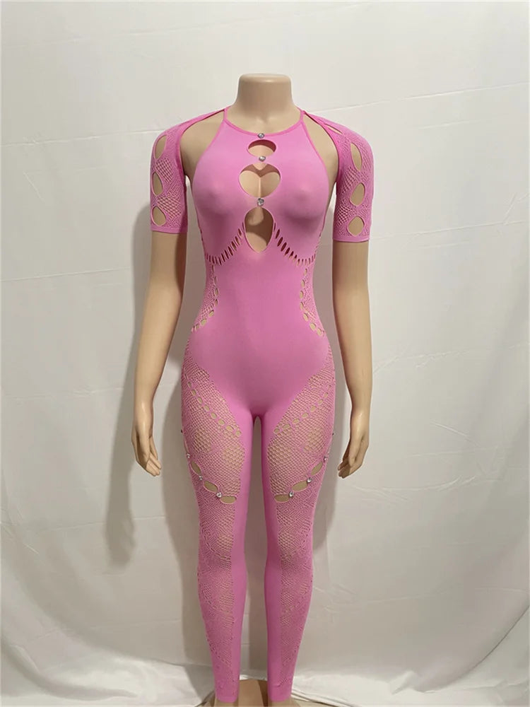 Club Outfits Sexy Jumpsuits for Women Short Sleeve Bodycon Rompers Jumpsuit Skinny Pink Mesh See Though One-piece Overalls 2024