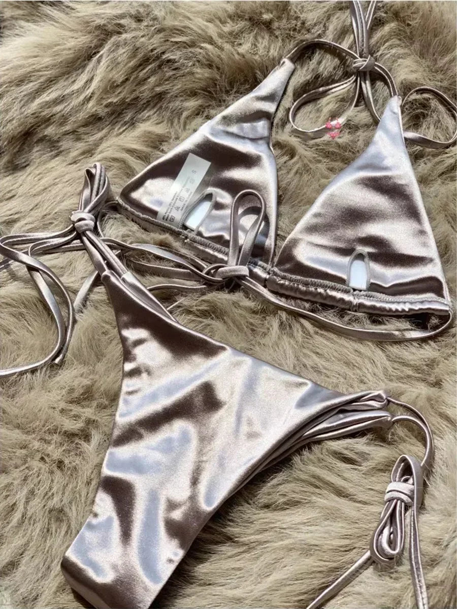 Halter Brazilian Metallic Satin Bikini  Swimwear, Swimsuit Two-pieces Bikini Set High Cut Bathing Suit Swim Beachwear