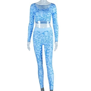 STYLISH LADY Letter Printed Sporty 2 Piece Set Women Long Sleeve Crop Top and Skinny Pant Suits 2025 Summer Sexy Street Outfits