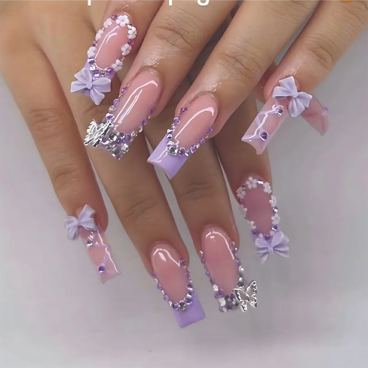 24Pcs Long Square Press on Nails Leopard Print French 3D Cherry Design False Nail Rhinestone Wearable Full Cover Fake Nails Tips