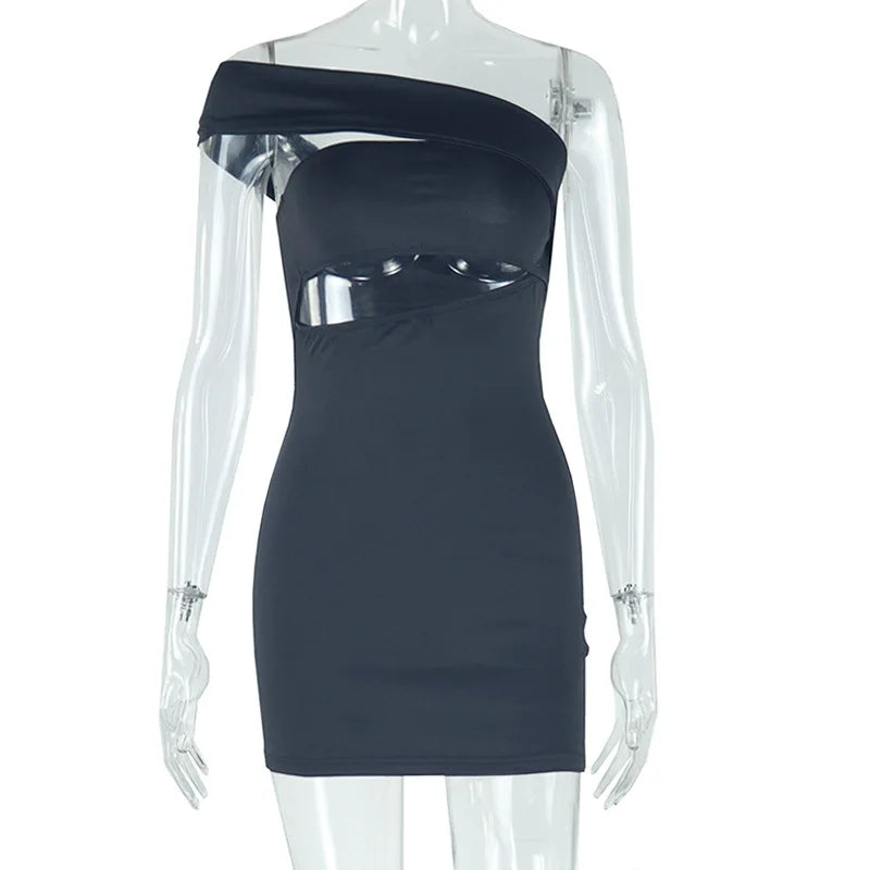 Weird Puss Irregular Hollow Dress Women Ruched Diagonal Collar Sleeveless Midnight Trend Skinny Backless Coquettish Mini Bodycon