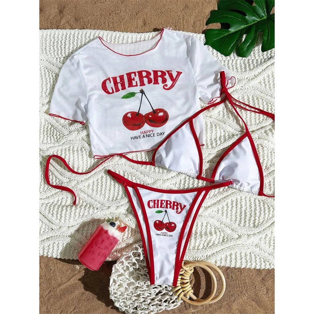 XS - L Cherry Printed Short Sleeve Bikini, Swimsuit,  Swimwear Three-pieces Bikini set Bather Bathing Suit Swim V6854