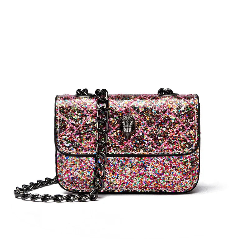 Multicolor Glitter Sequins V Diamond Quilted Mini Square Bag Ladies Eagle Head Lock Gold Metal Chain Crossbody Shoulder Handbag