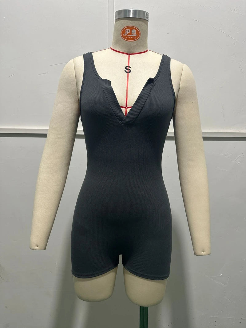 STYLISH LADY Solid Color Ribbed Playsuits 2025 Summer Women Sleeveless V Neck Bodycon Sexy Club Party Street Sports Overalls