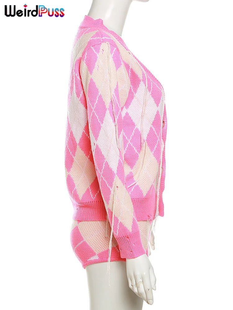 Weird Puss Sweater Women 2 Piece Set Hipster Tassel Plaid Cardigan Tops+Mini Shorts Stretch Autumn Trend Matching Street Outfits