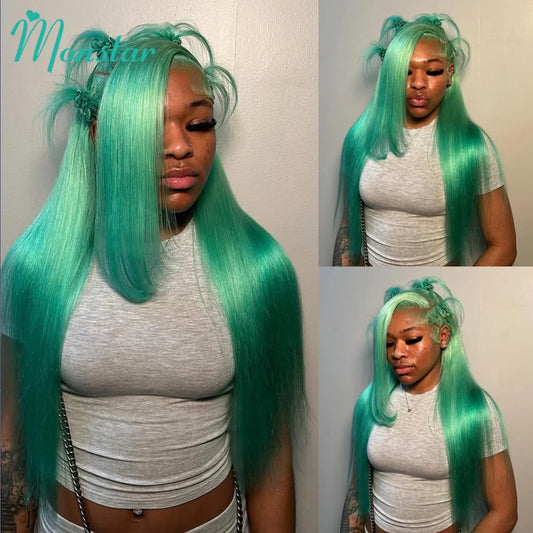 Mint Green Colored Human Hair Wigs Brazilian Straight 13x6 HD Transparent Lace Frontal Human Hair Wigs for Black Women 200% 250%