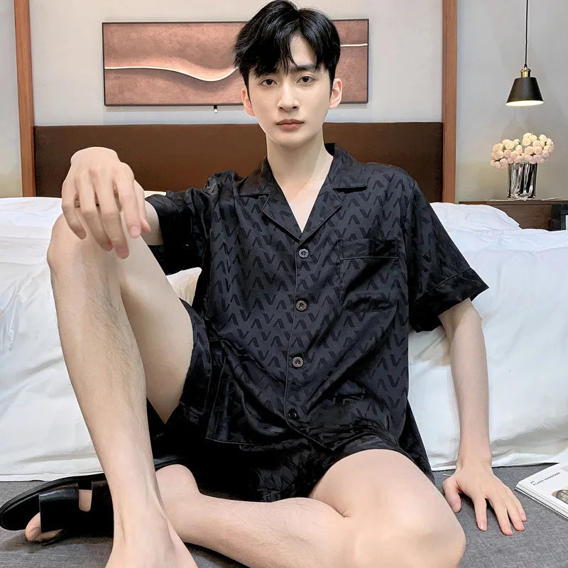 High Quality Jacquard Pajamas Suit Men Summer Ice Silk Shorts Sleepwear Set Thin Satin Large-size Loungewear Male Night Clothing