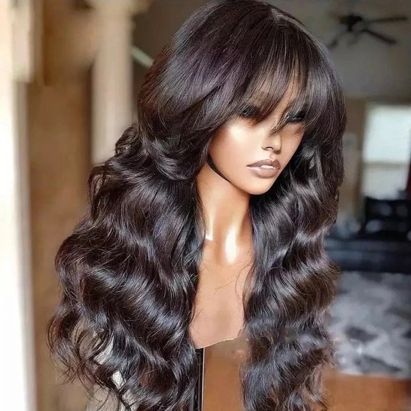 30 inch Body Wave Human Hair Wigs with Bangs Full Machine Made Scalp Top Wig 180% Density Brazilian Remy Hair Fringe Bangs Wig