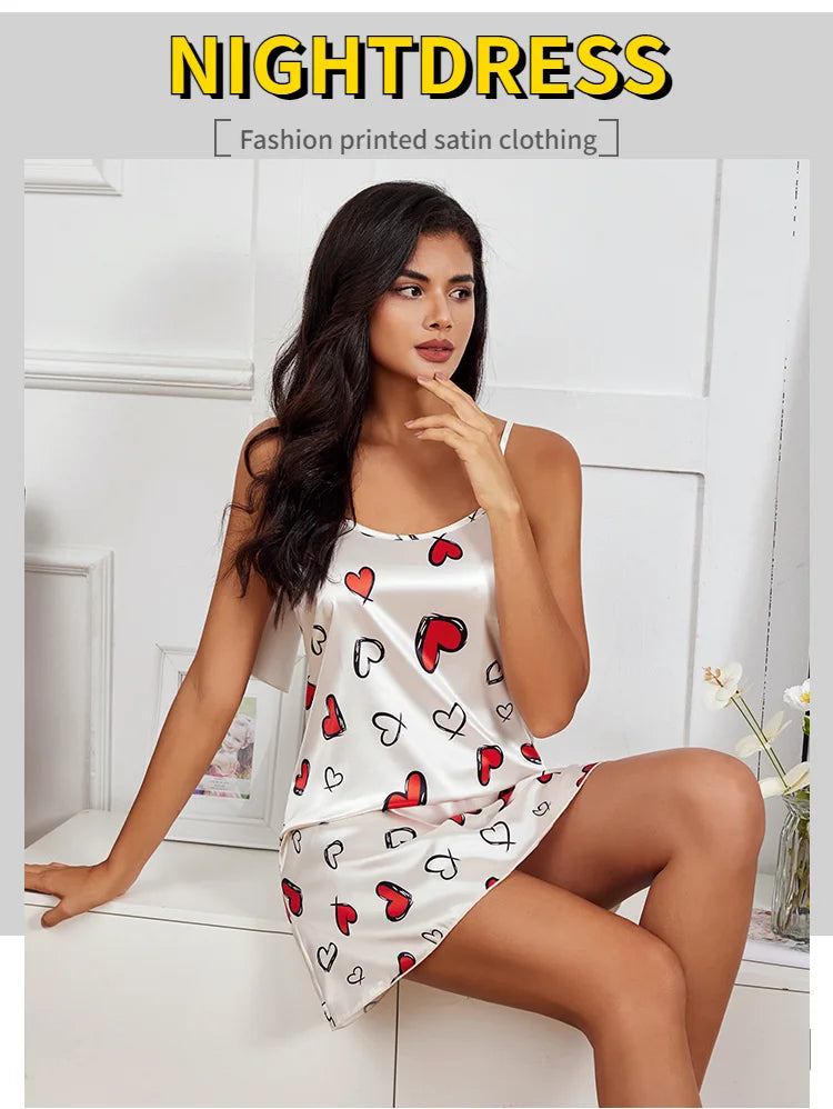 Sexy Pajamas Women's Silk Thin Suspender Nightdress Pink Nightgown Nightwear For Woman Home Clothes Sleepwear Ladies Mini Dress