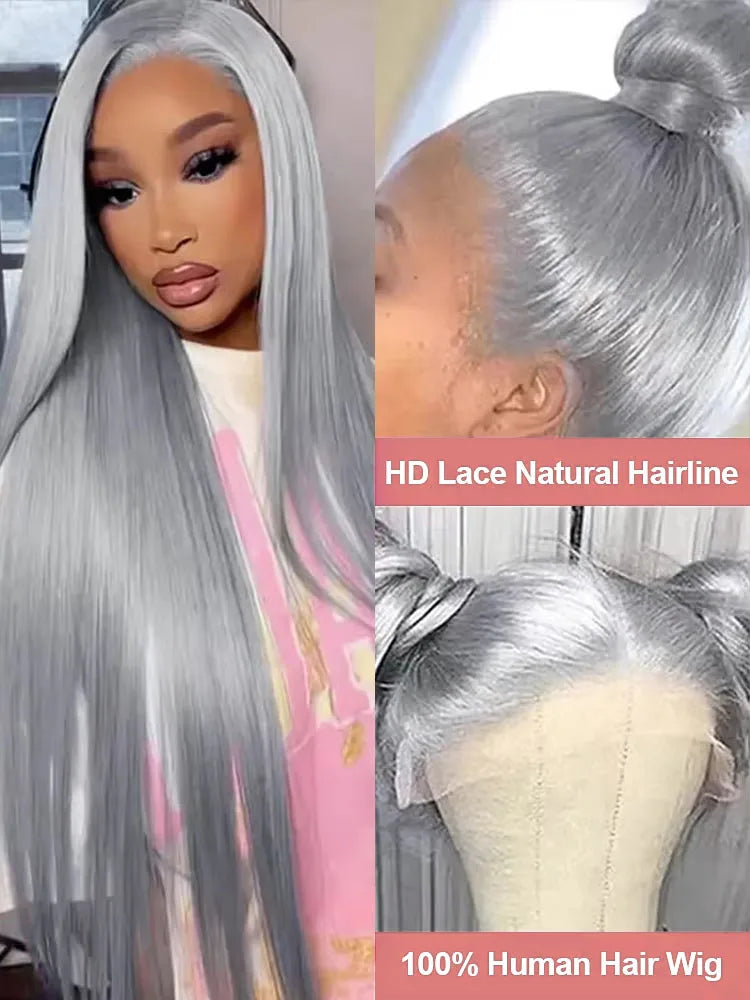 Silver Grey Straight Lace Front Human Hair Wig 40 Inches Colored HD Transparent 13x6 Lace Frontal Wig for Women Preplucked 250%