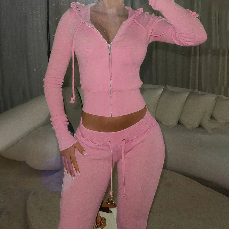 Solid Zip Cardigan & Bodycon Pants Set — Women's Streetwear