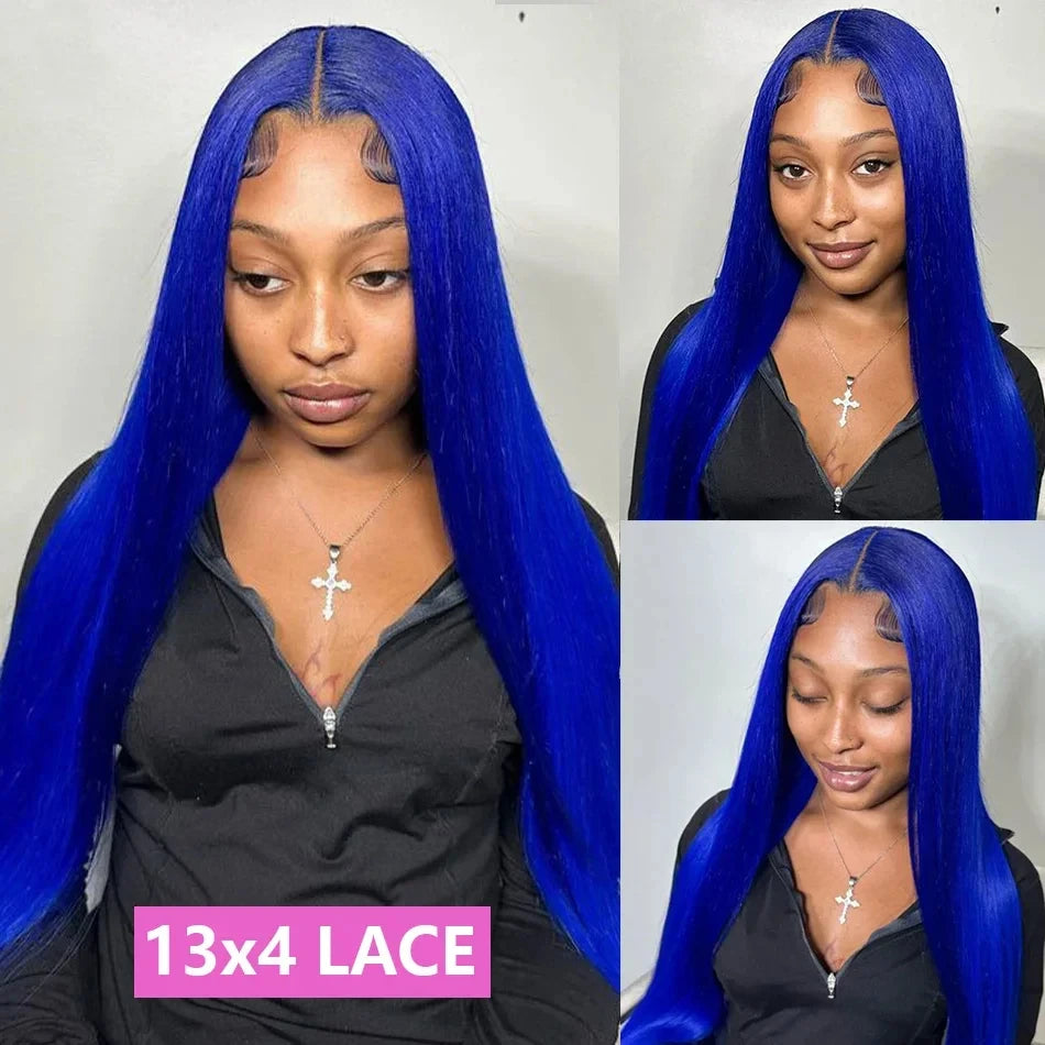 Navy Blue Bone Straight 13x4 Lace Front Human Hair Wigs Brazilian Blue Colored Transparent Lace Front Wigs For Women Pre Plucked