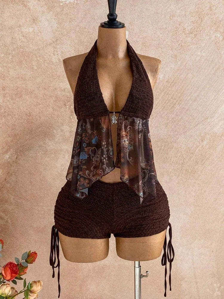 Pant Suit Halter V Neck Chiffon Spliced Floral Top Side Drawstring Shorts Matching Outfit For Women Beach Vacation Boho Retro Stylish Wear