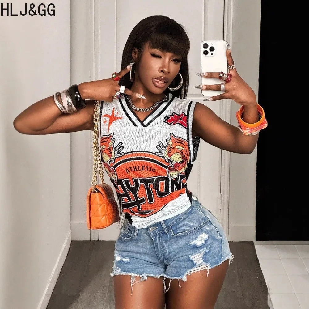 HLJ&GG Fashion Y2K Letter Print Loose Tshirts Two Piece Sets Women Round Neck Sleeveless Top And jeans Shorts Outfits Streetwear