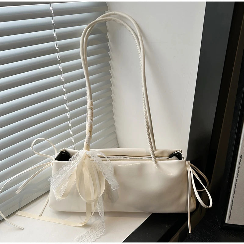 Korean Bow Ribbon Handbag Fashion Lace Square Shoulder Bag French Elegant Baguette Bag Leisure Large Capacity Tote Underarm Bag