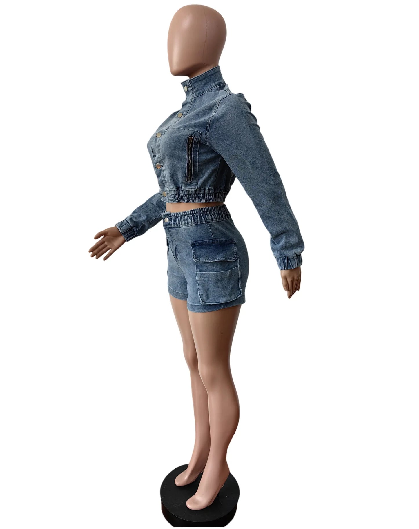 HLJ&GG Blue Fashion jeans Pocket Cargo Shorts Two Piece Sets Women Zipper Long Sleeve Crop Top And Shorts Outfits Cowboy Suits