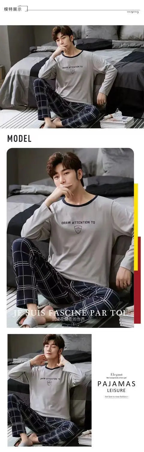 Pajamas Men Long Sleeves and Trousers Spring and Autumn Style Simple and Breathable Nightwear Student Youth Loungewear Sleepwear