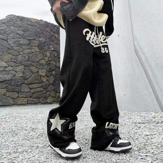 Summer New Casual Pants Men Retro Fashion Straight Pants Men Streetwear Drawstring Letter Hip-hop Trend Loose Balck Trousers