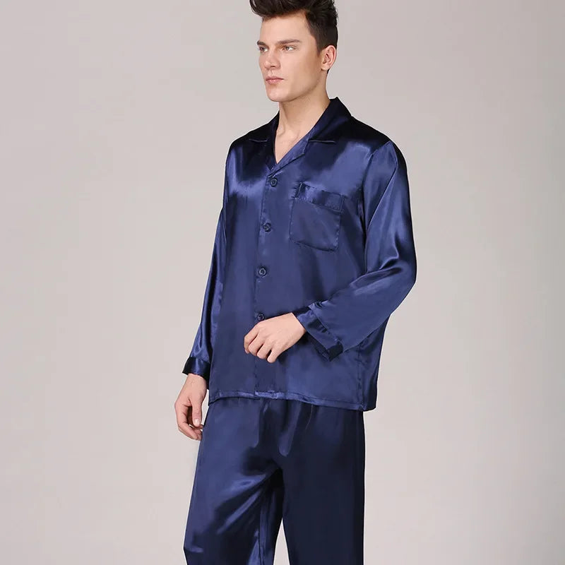 Silk Satin Pajamas for Men Sleepwear Cozy Soft Print Long Sleeve Nightgown Tops + Trousers Two Pieces Mens Pajama Set